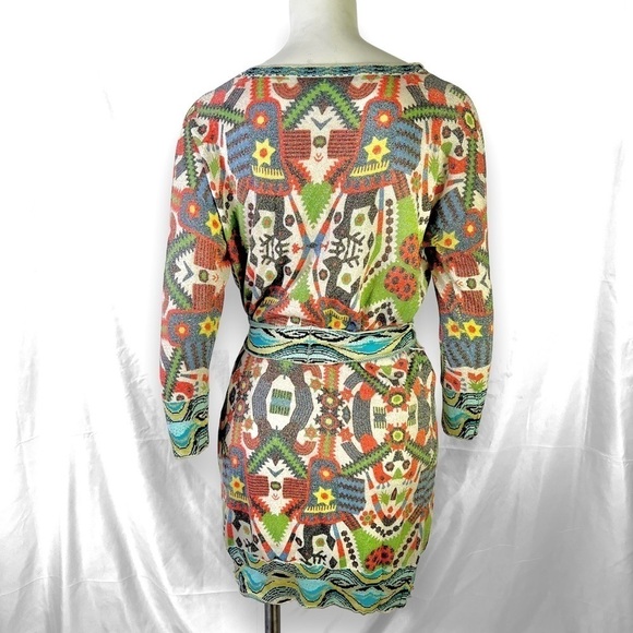 CUSTO BARCELONA MULTICOLOUR AZTEC  BODYCON DROP SHOULDER BELT DRESS LARGE - Picture 5 of 14